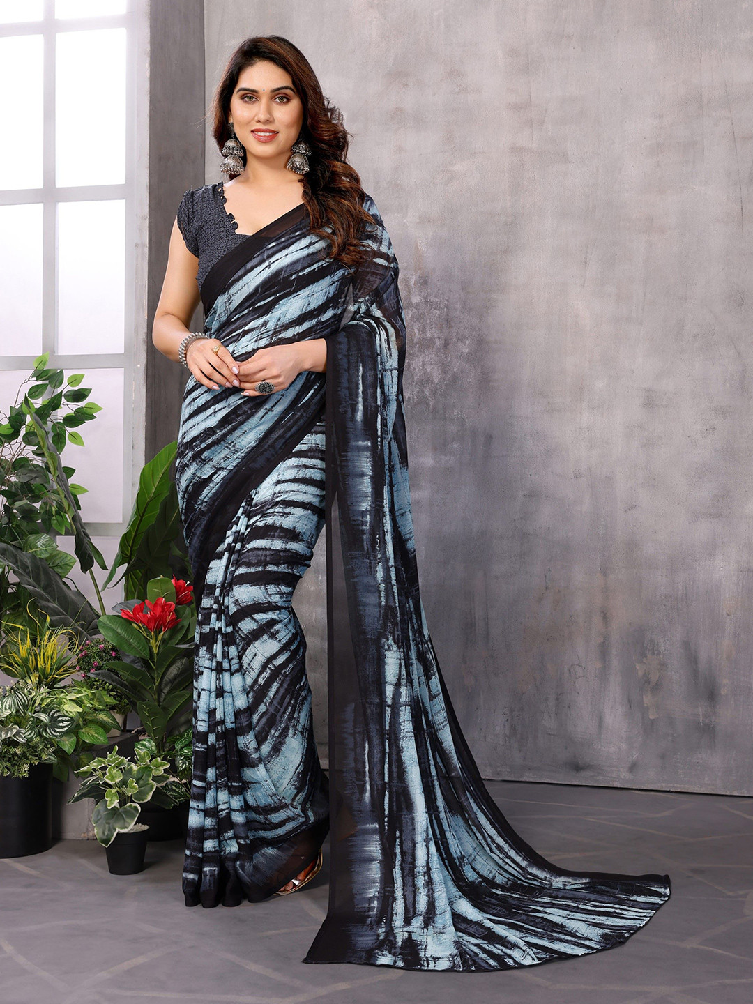 

Ambuja International Tie and Dye Poly Georgette Saree, Black