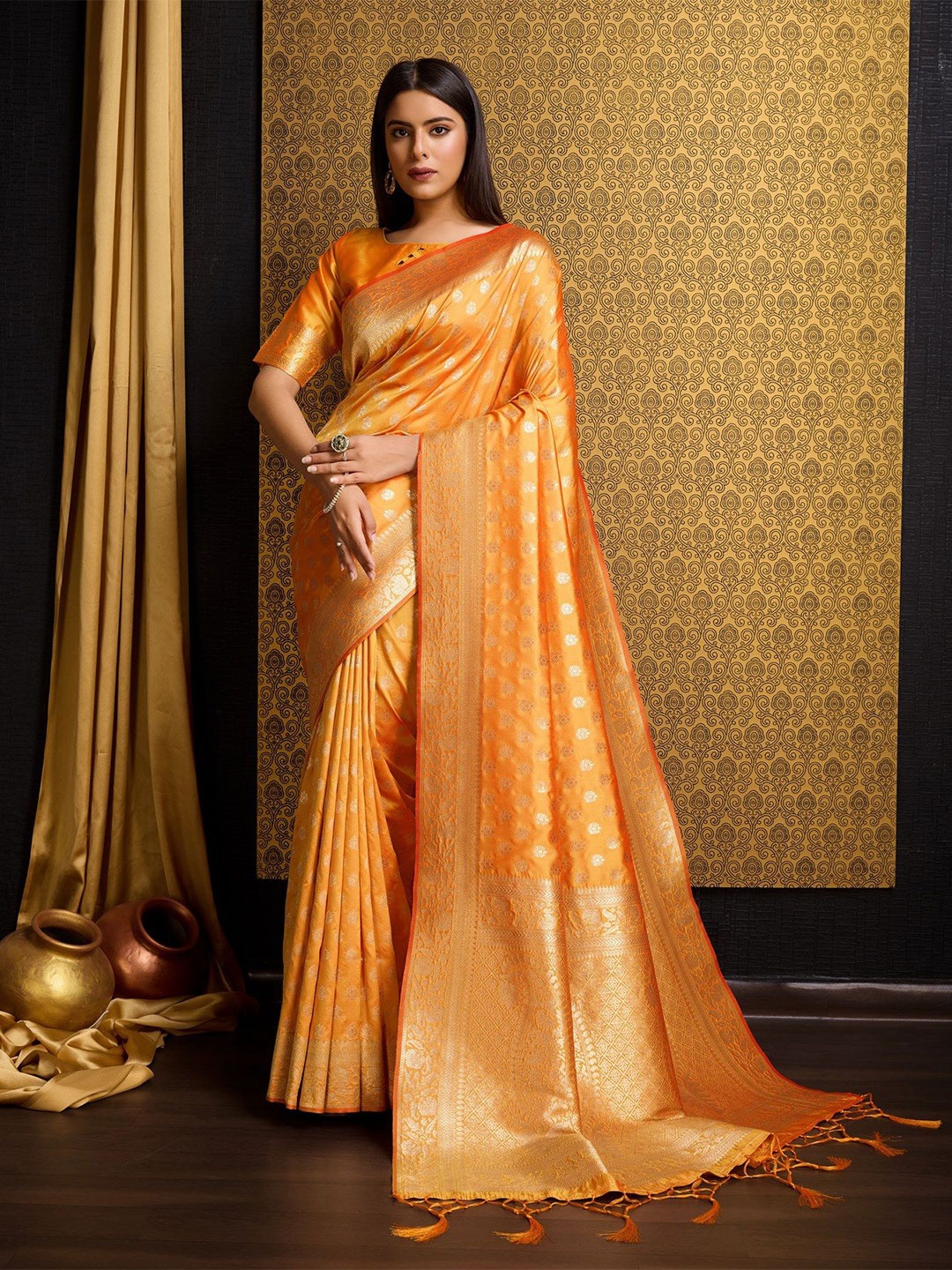 

Panchaamrit Woven Design Zari Silk Blend Banarasi Saree, Mustard