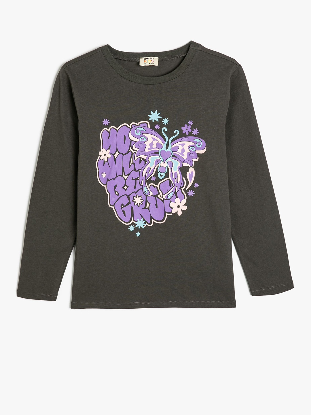 

Koton Girls Graphic Printed Round Neck Cotton T-Shirt, Grey