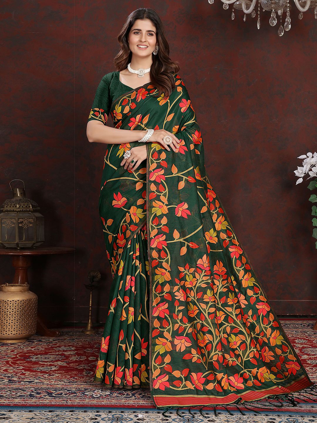 

Mitera Ethnic Motifs Pure Cotton Jamdani Saree, Green