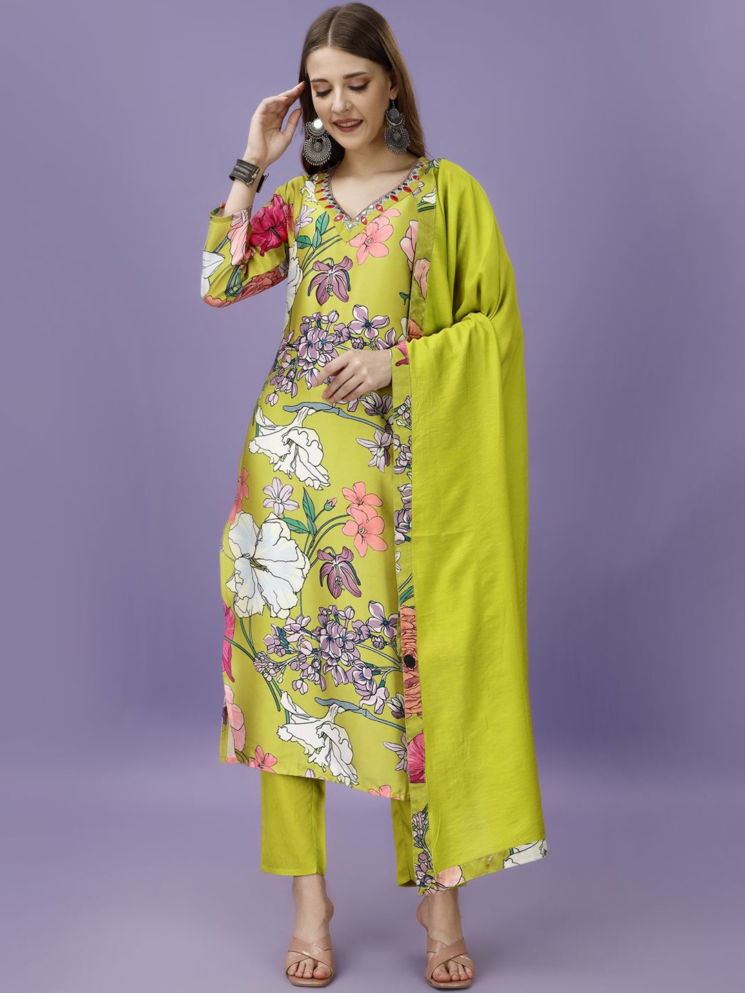 

KALINI Women Floral Printed Regular Kurta with Trousers & With Dupatta, Lime green