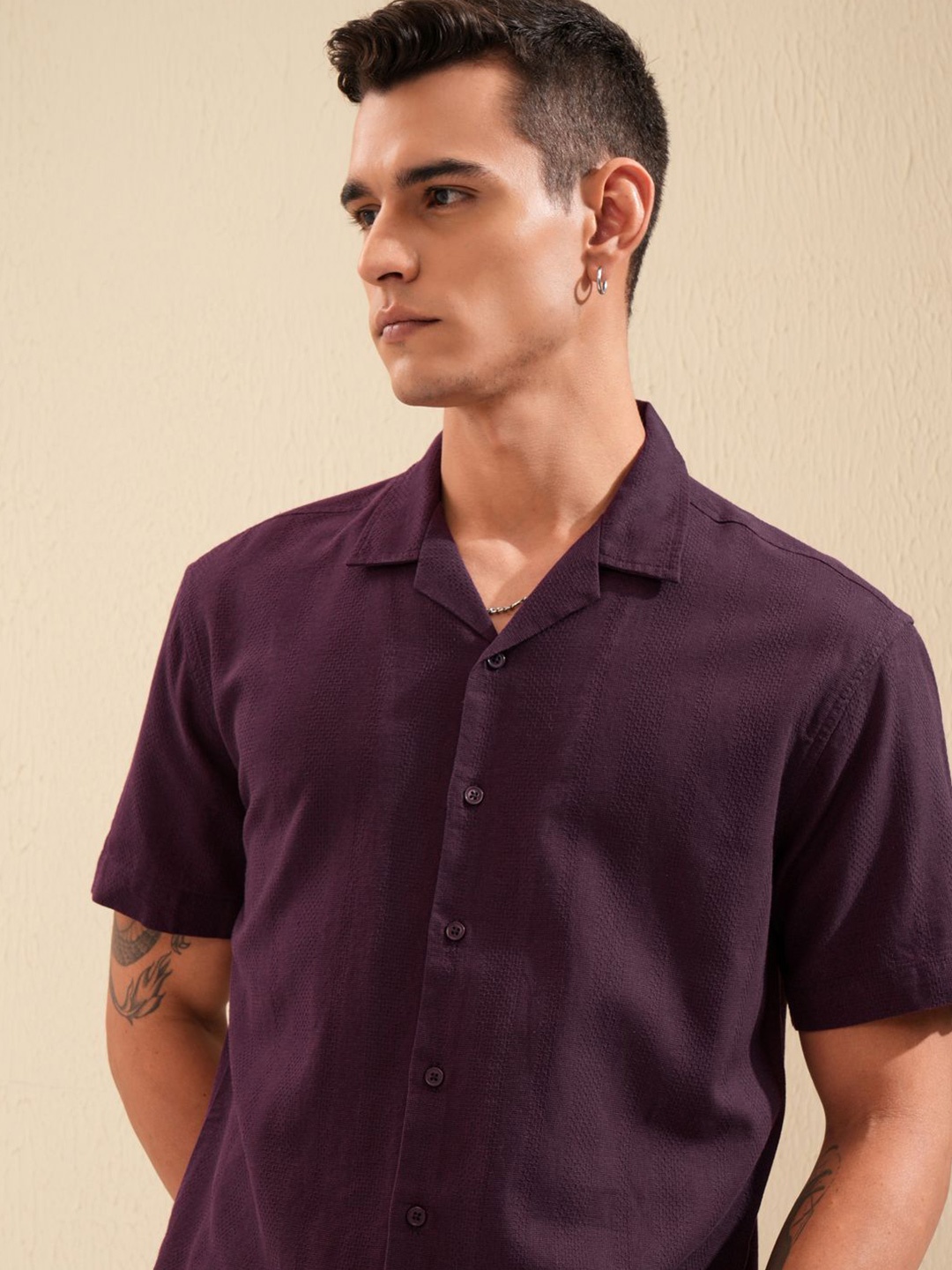 

Highlander Men Dobby Textured Solid Cuban Collar Relaxed Shirt, Purple