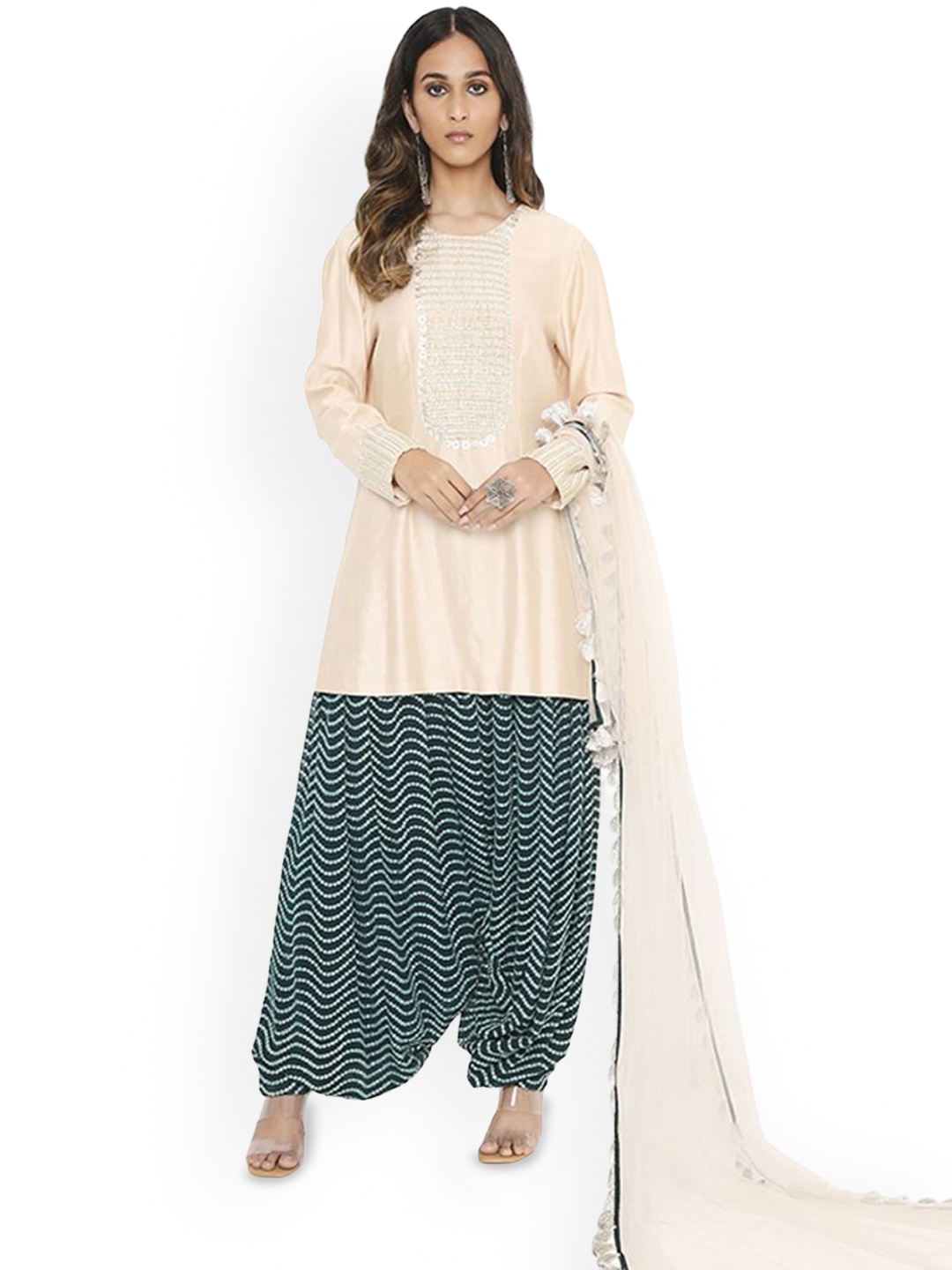 

Payal Singhal Geometric Yoke Design Sequinned Georgette Kurta With Dhoti Pants & Dupatta, Cream