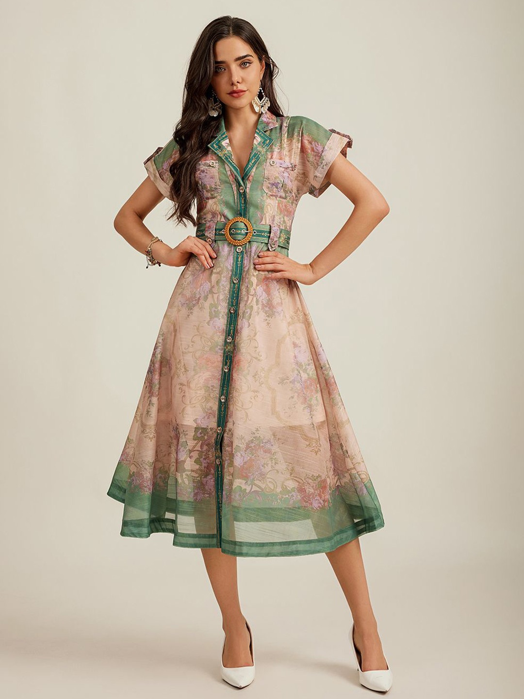 

JC Collection Floral Print Flutter Sleeve A-Line Midi Dress, Green