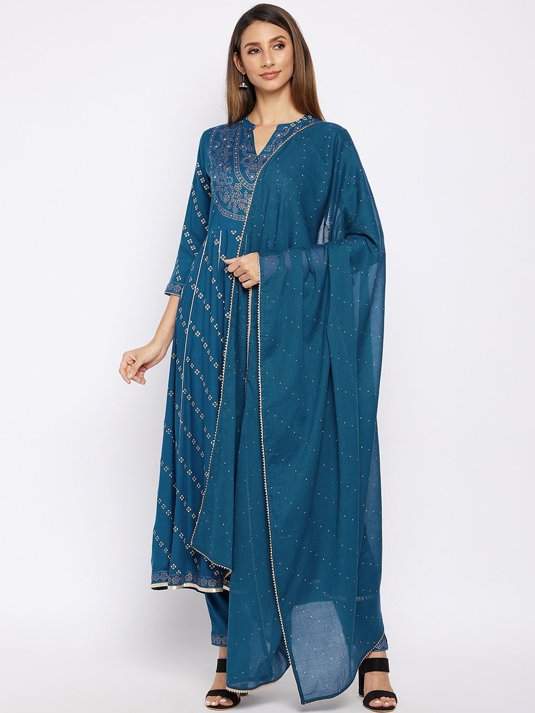 

IndigoFerry Women Printed Regular Sequinned Kurta with Trousers & With Dupatta, Blue