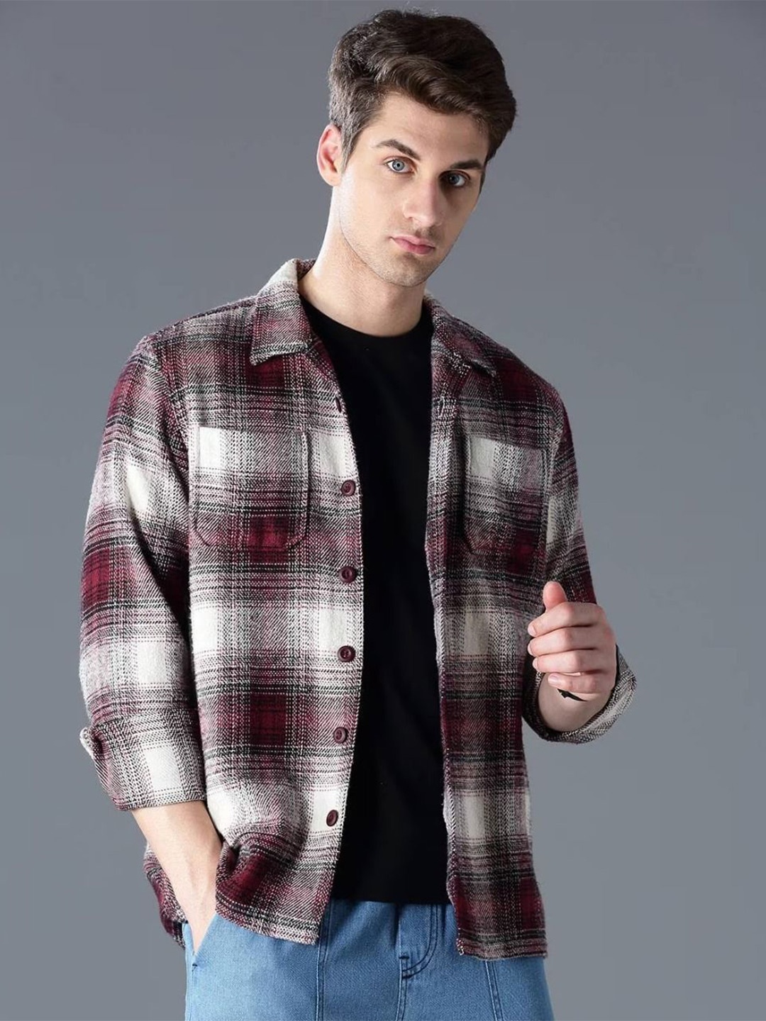 

British Club Men Smart Spread Collar Tartan Checked Polycotton Oversized Casual Shirt, Red