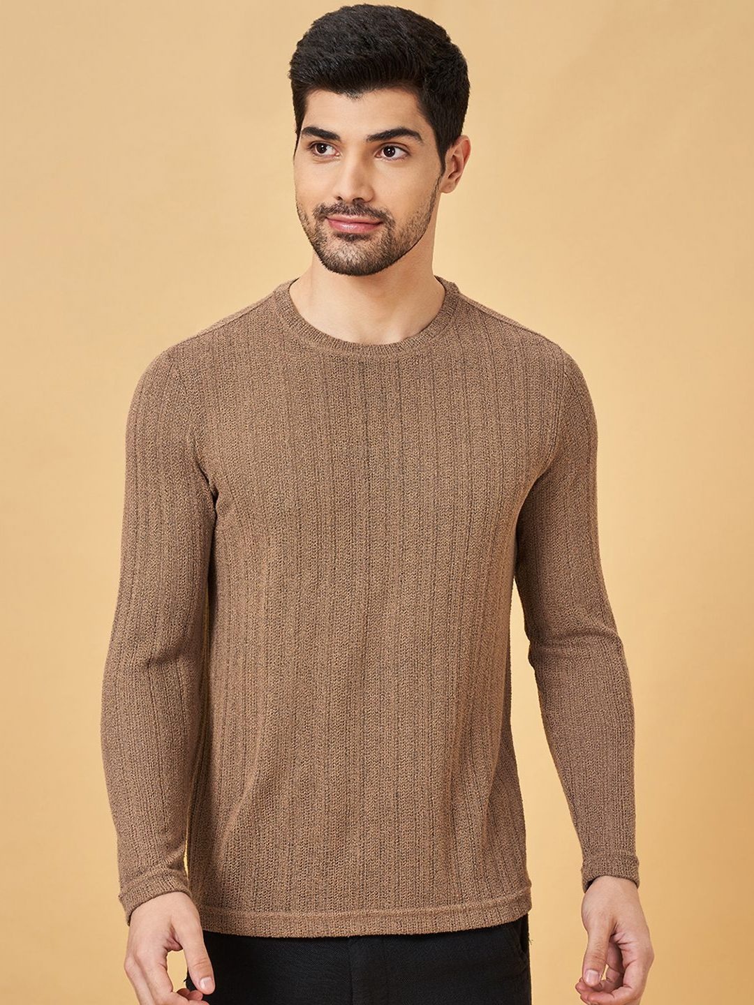 

7 Alt by Pantaloons Men Self Design Round Neck Cotton T-Shirt, Brown