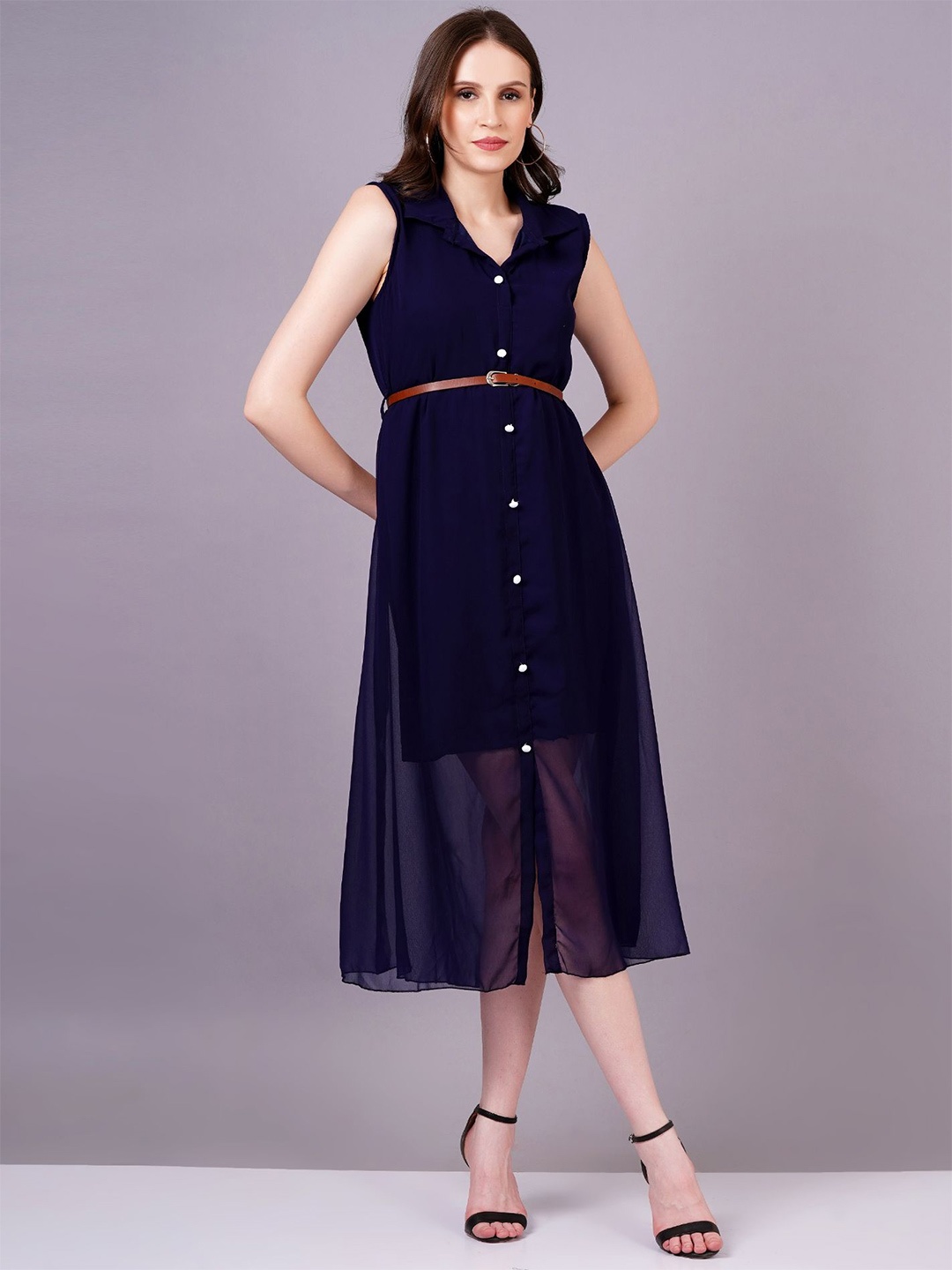 

KALINI Georgette Shirt Midi Dress, Navy blue