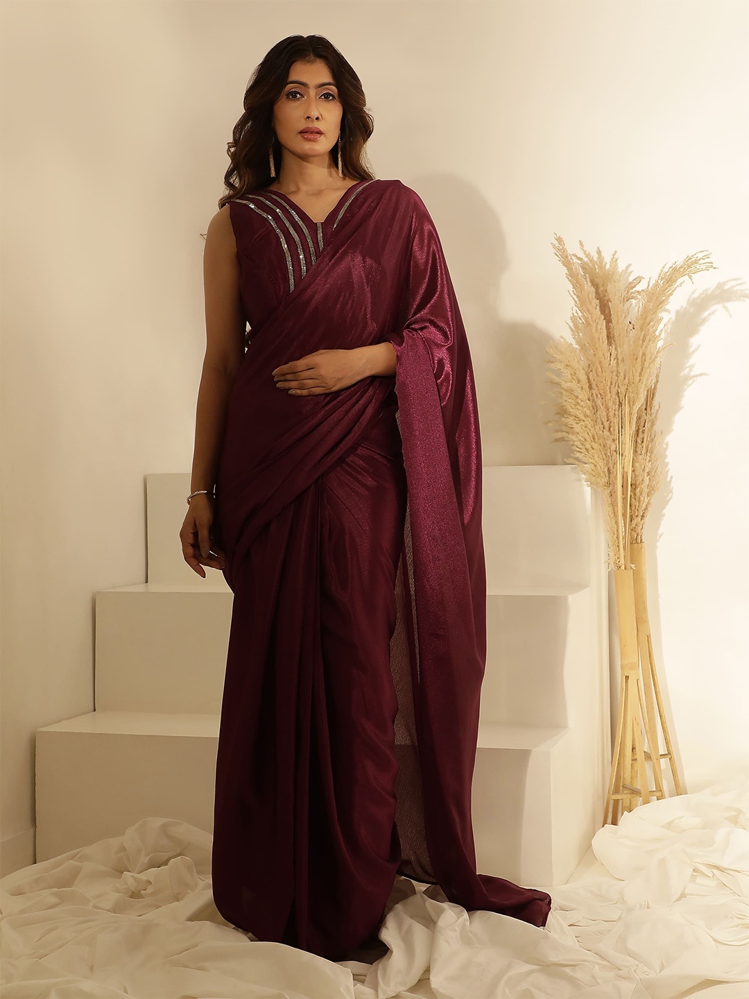 

AMOHA TRENDZ Beads and Stones Silk Blend Ready to Wear Saree, Purple