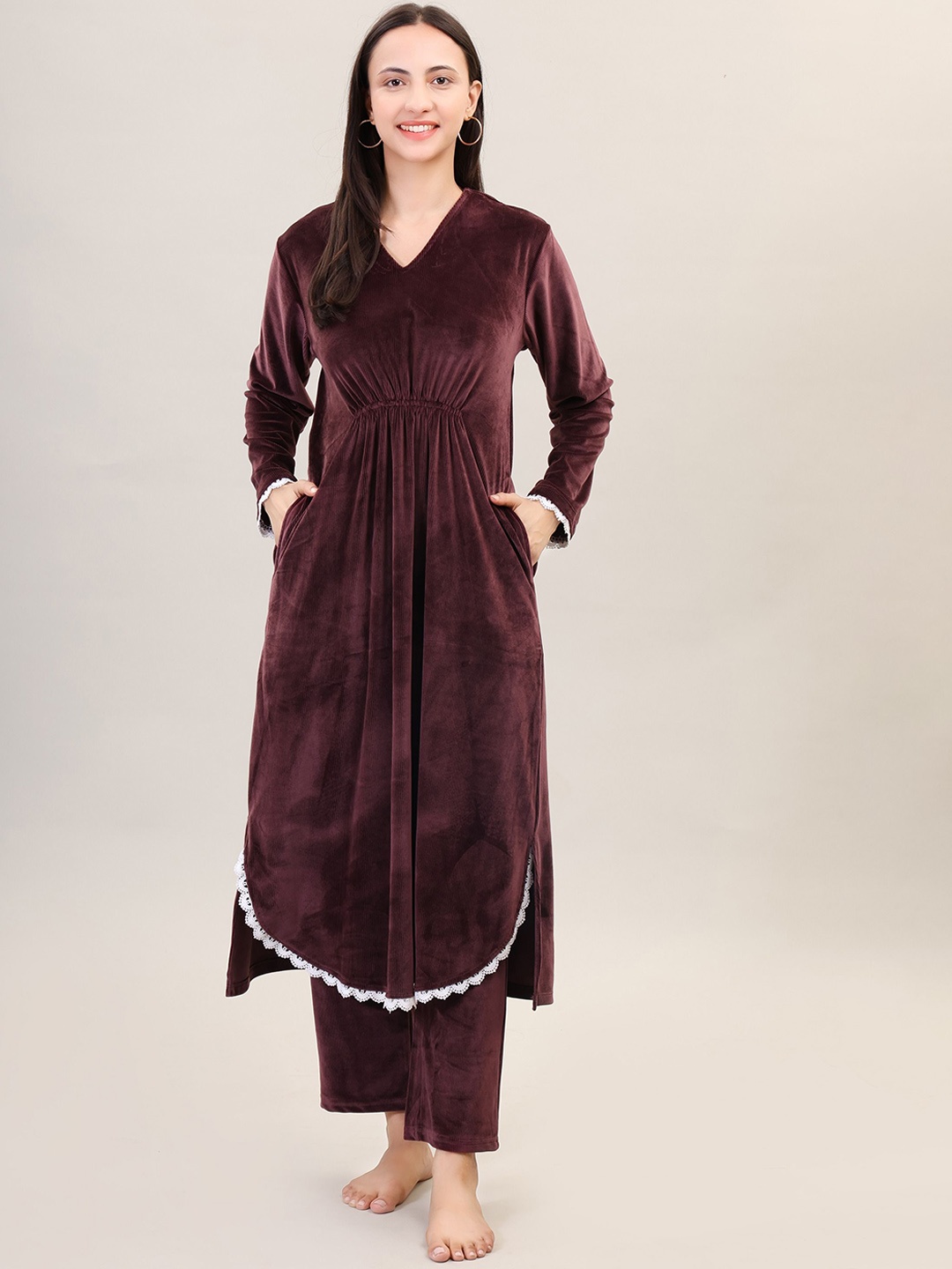 

Camey Women Flared Sleeves Thread Work Velvet Kurta, Brown