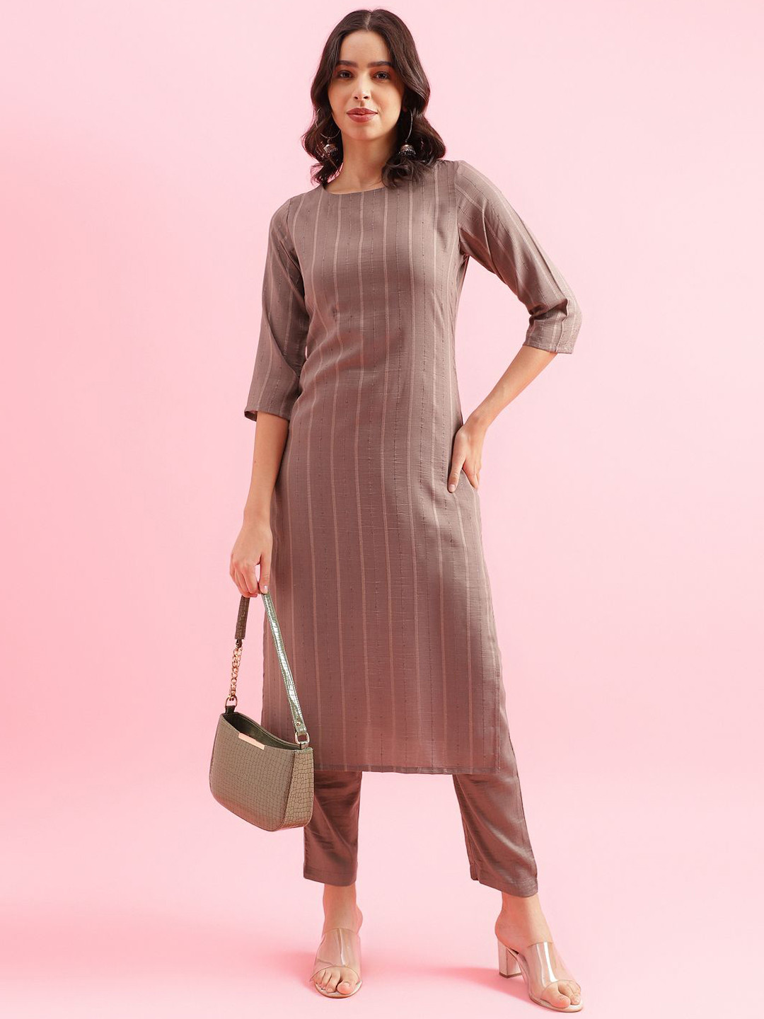 

HRITIKA Striped Straight Sequinned Kurta with Trousers, Grey