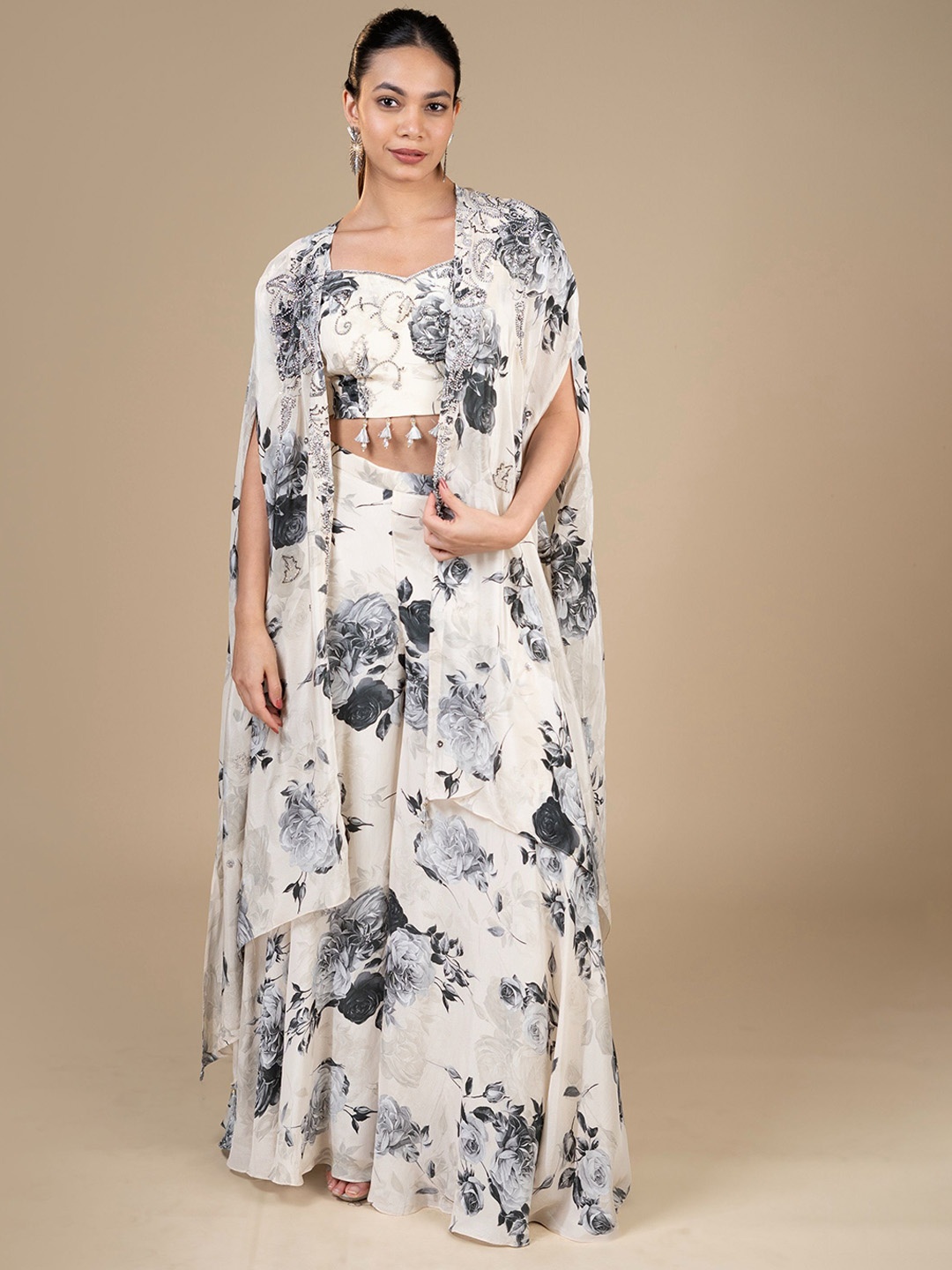 

House Of Dharaa Printed Crop Top With Palazzo & Jacket, Off white