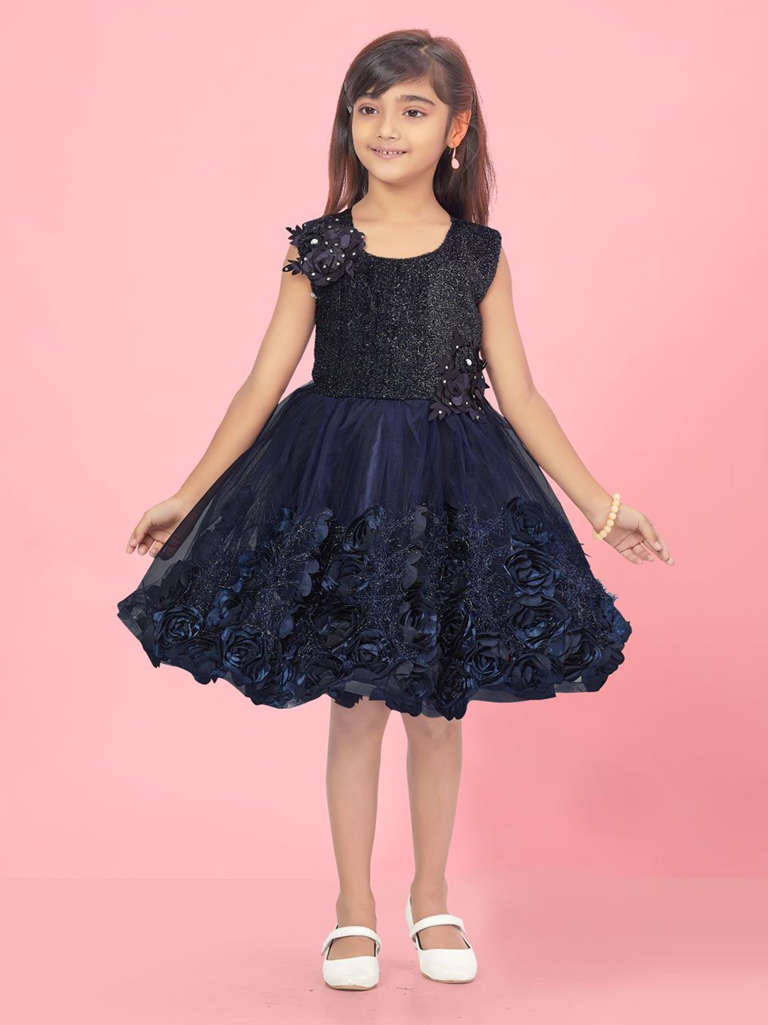 

BAESD Girls Embellished Floral Net Fit & Flare Dress, Navy blue