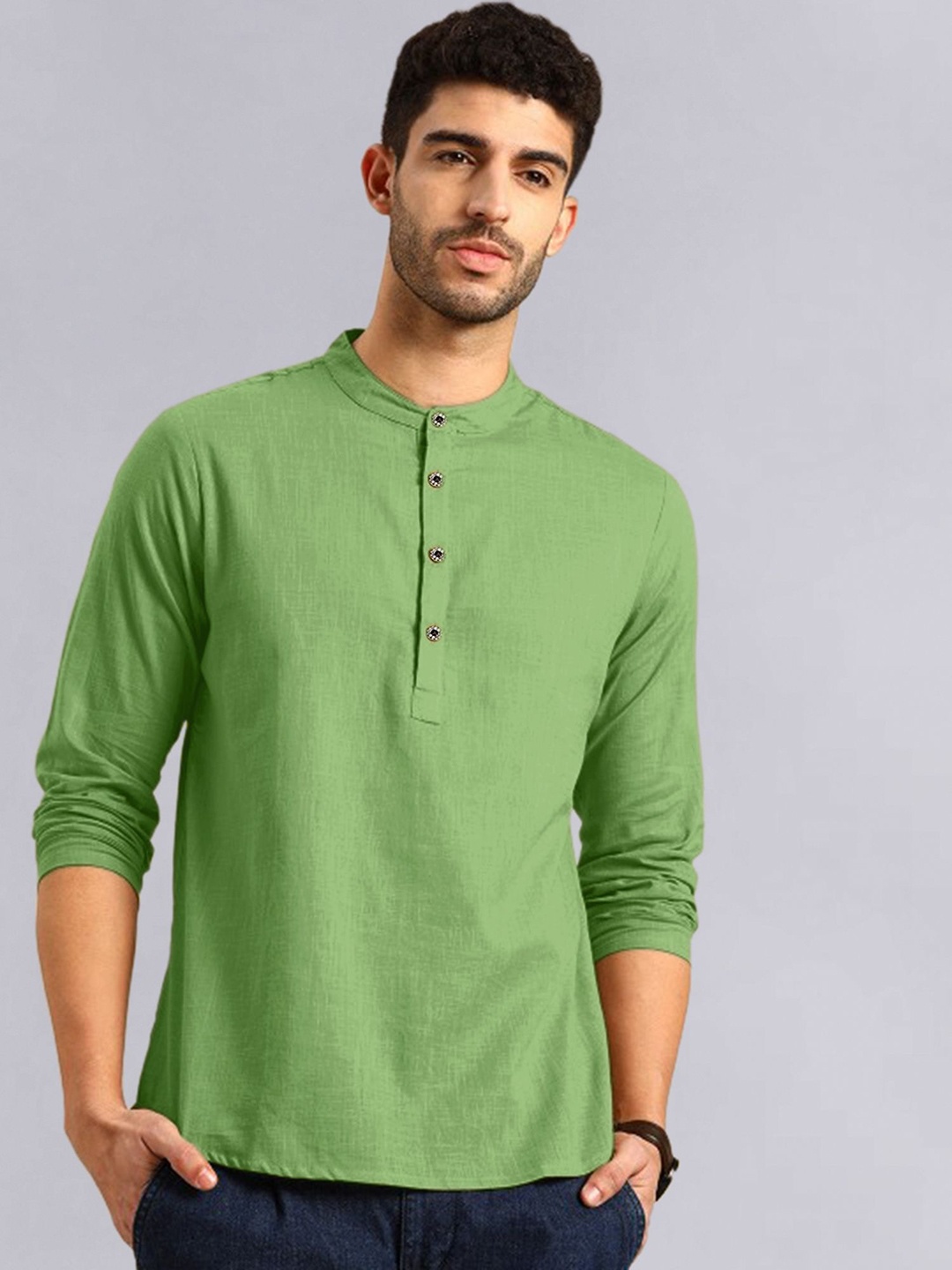 

allan peter Mandarin Collar Pure Cotton Straight Kurta, Green