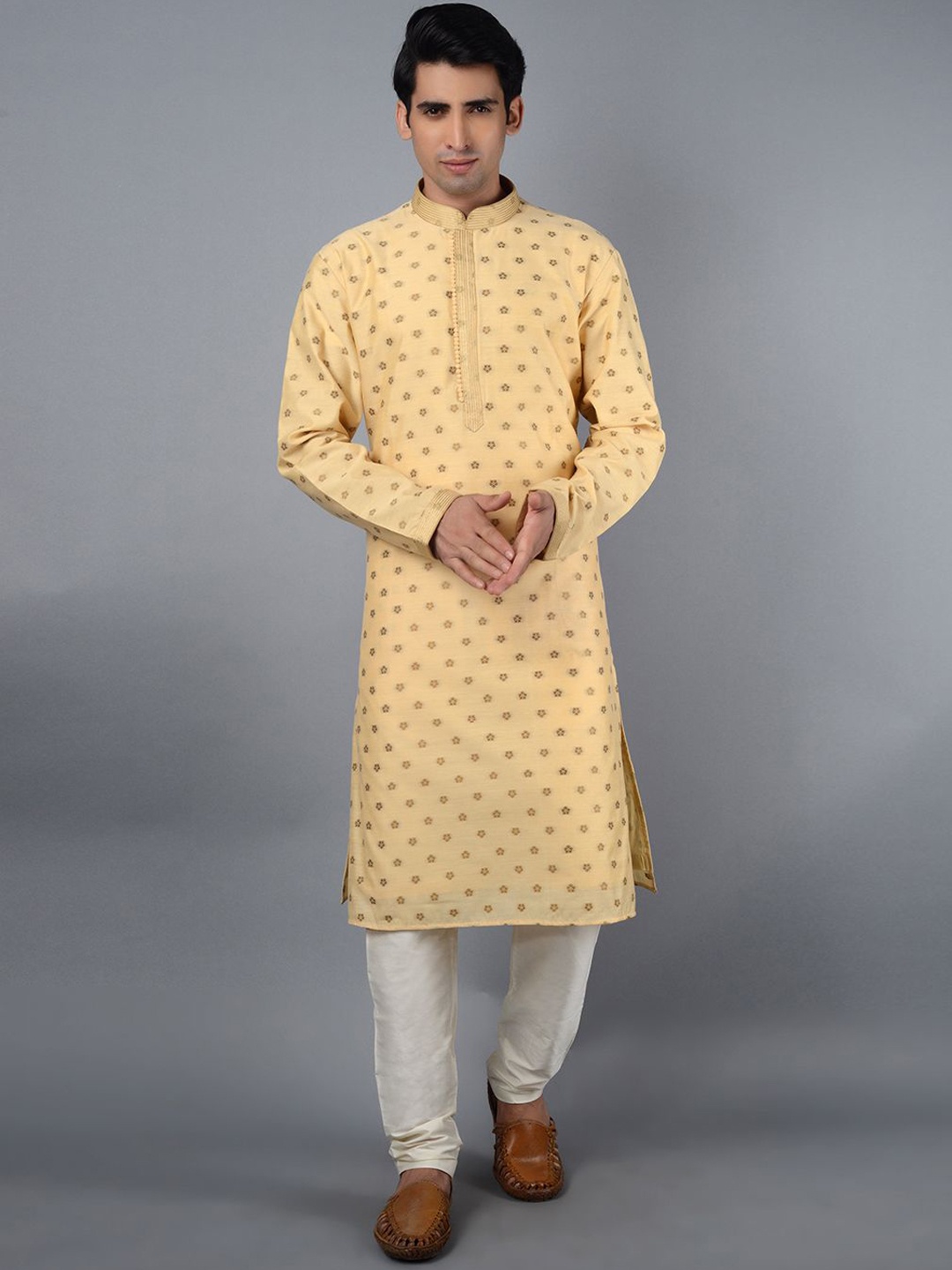 

azania Ethnic Motifs Self Design Thread Work Mandarin Collar Straight Kurta with Pyjamas, Gold