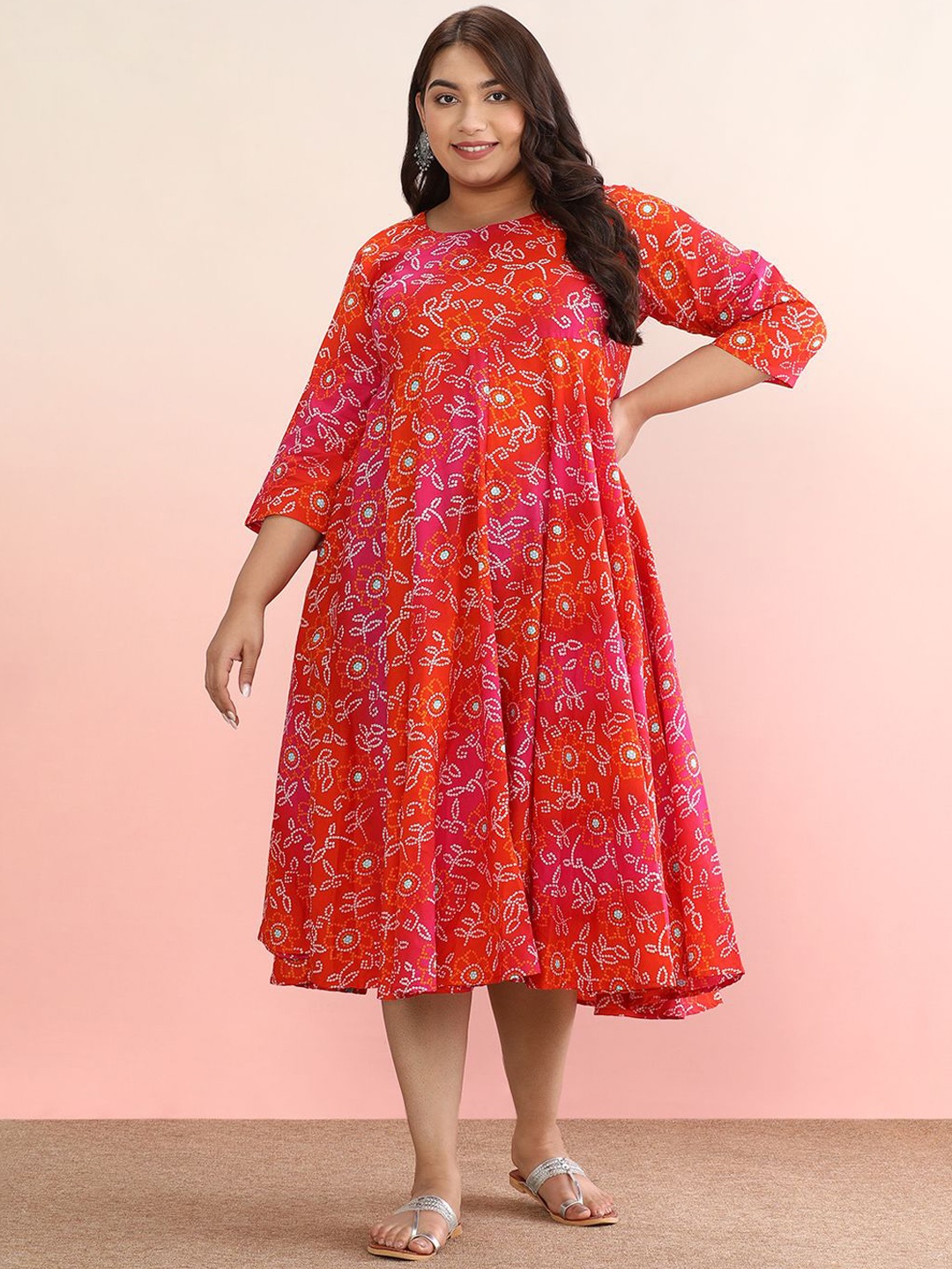 

anayna Plus Size Ethnic Motifs Printed Pure Cotton A-Line Ethnic Dress, Pink