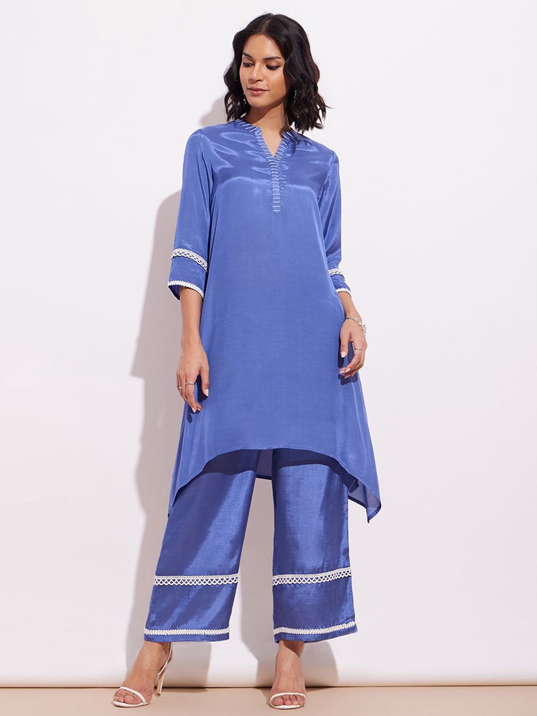 

Pink Fort Mandarin Collar Asymmetric A-Line Kurta, Blue