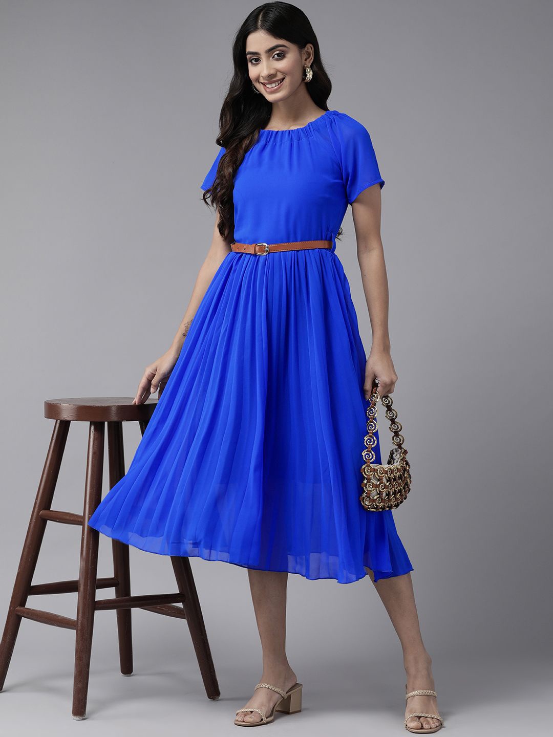 

BAESD Short Sleeves Belted Fit & Flare Midi Dress, Blue