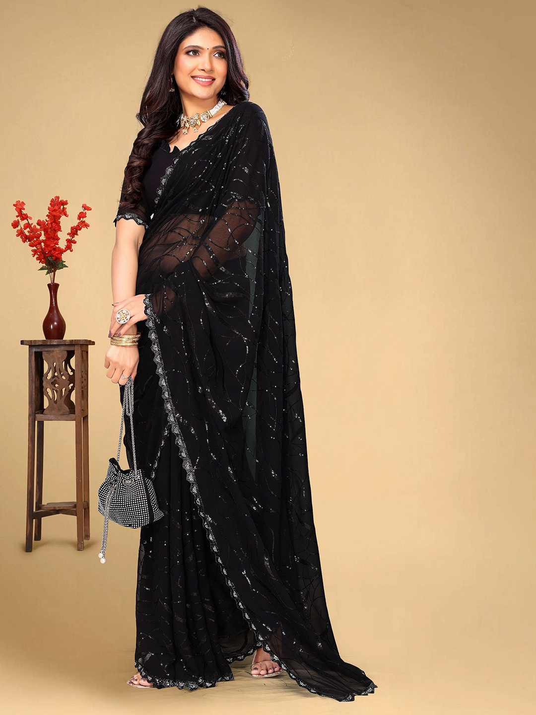 

BAESD Embellished Beads and Stones Saree, Black