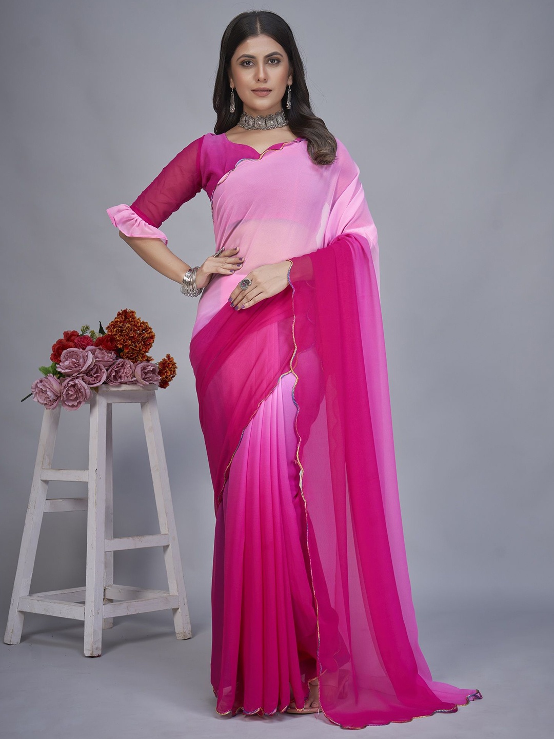 

APNISHA Ombre Embroidered Pure Georgette Half and Half Saree, Pink