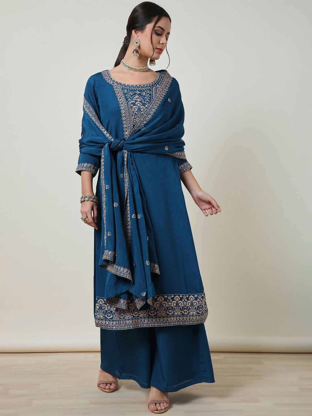 

Soch Women Ethnic Motifs Embroidered Regular Sequinned Kurta with Palazzos & With Dupatta, Teal