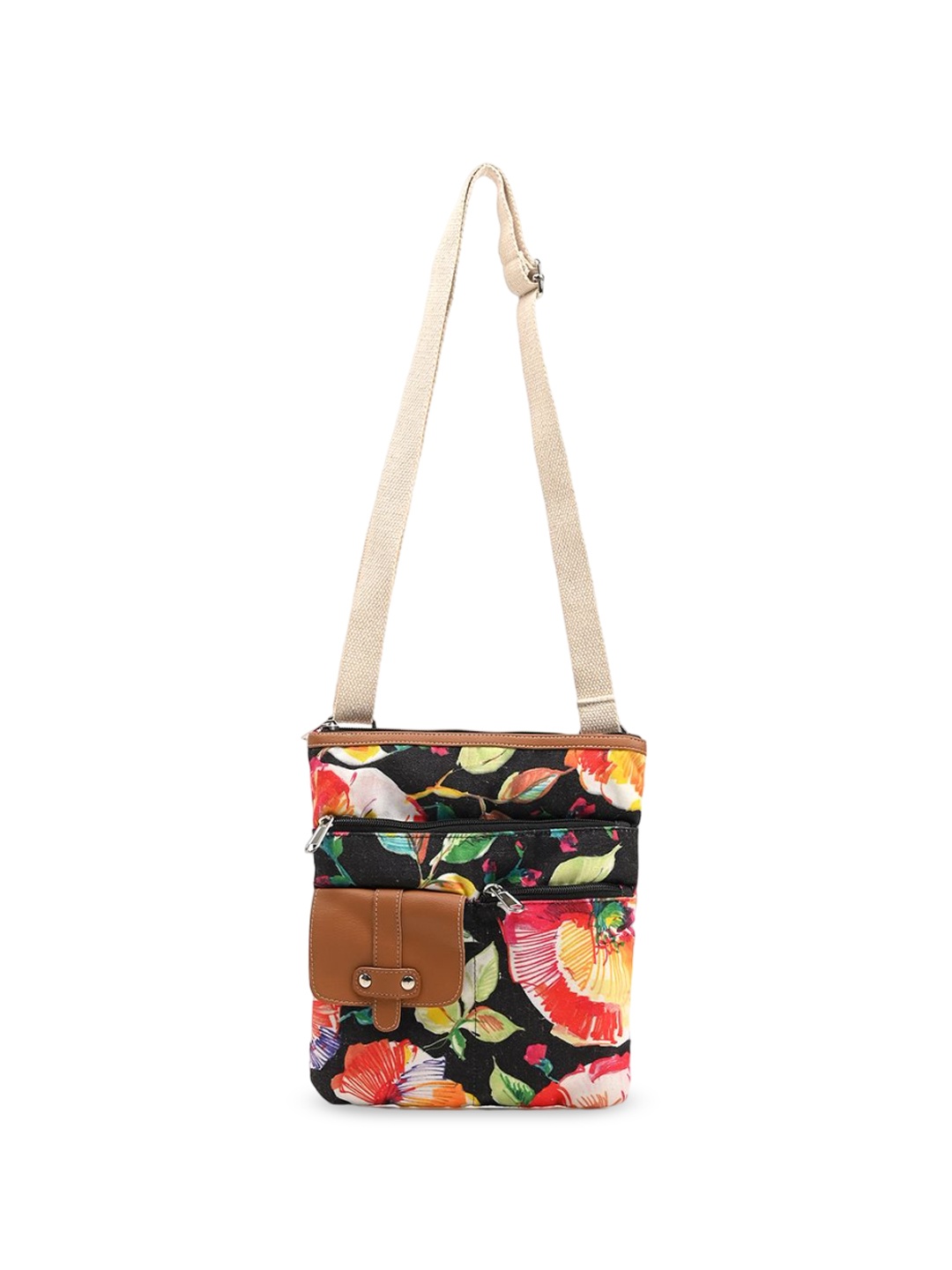 

BohoGirl Floral Printed Canvas Structured Sling Bag, Black