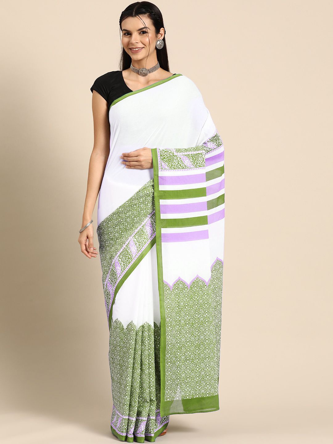 

BUTA BUTI Floral Pure Cotton Saree, Olive