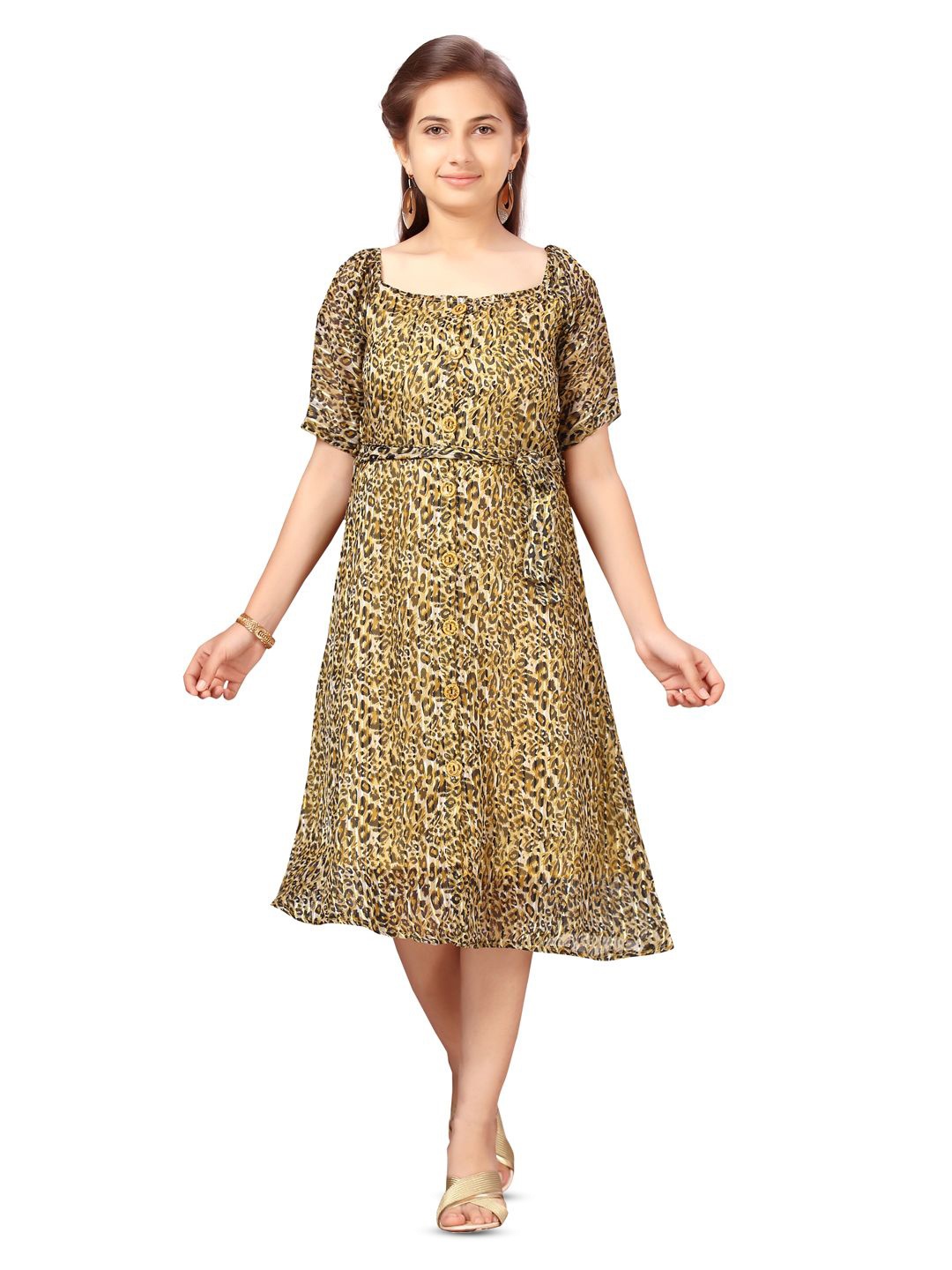 

BAESD Girls Animal Printed Square Neck Puff Sleeves Fit and Flare Midi Dress, Yellow