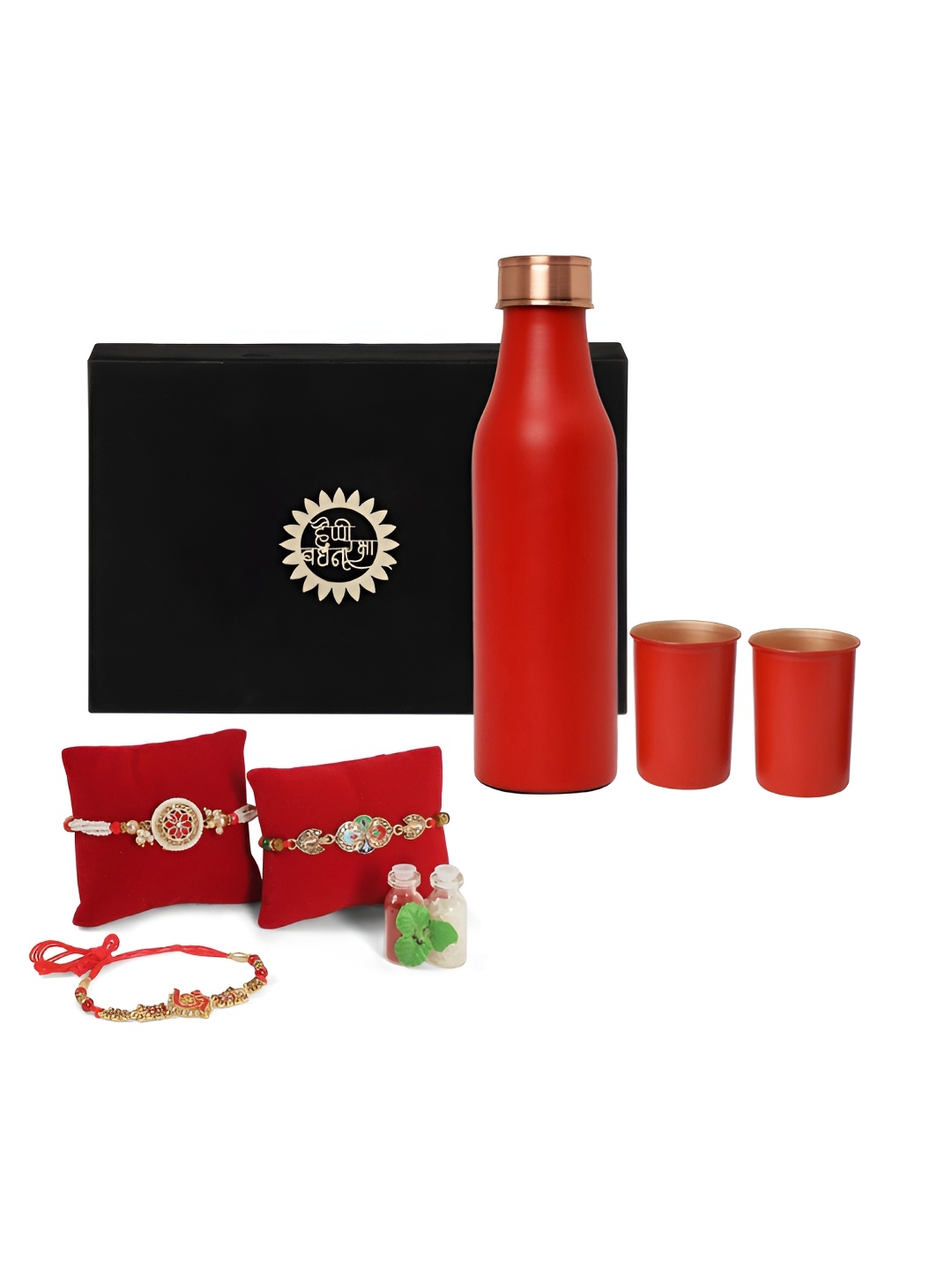 

INTERNATIONAL GIFT Set Of 6 Rakhi With Water Bottle & Glass, Red