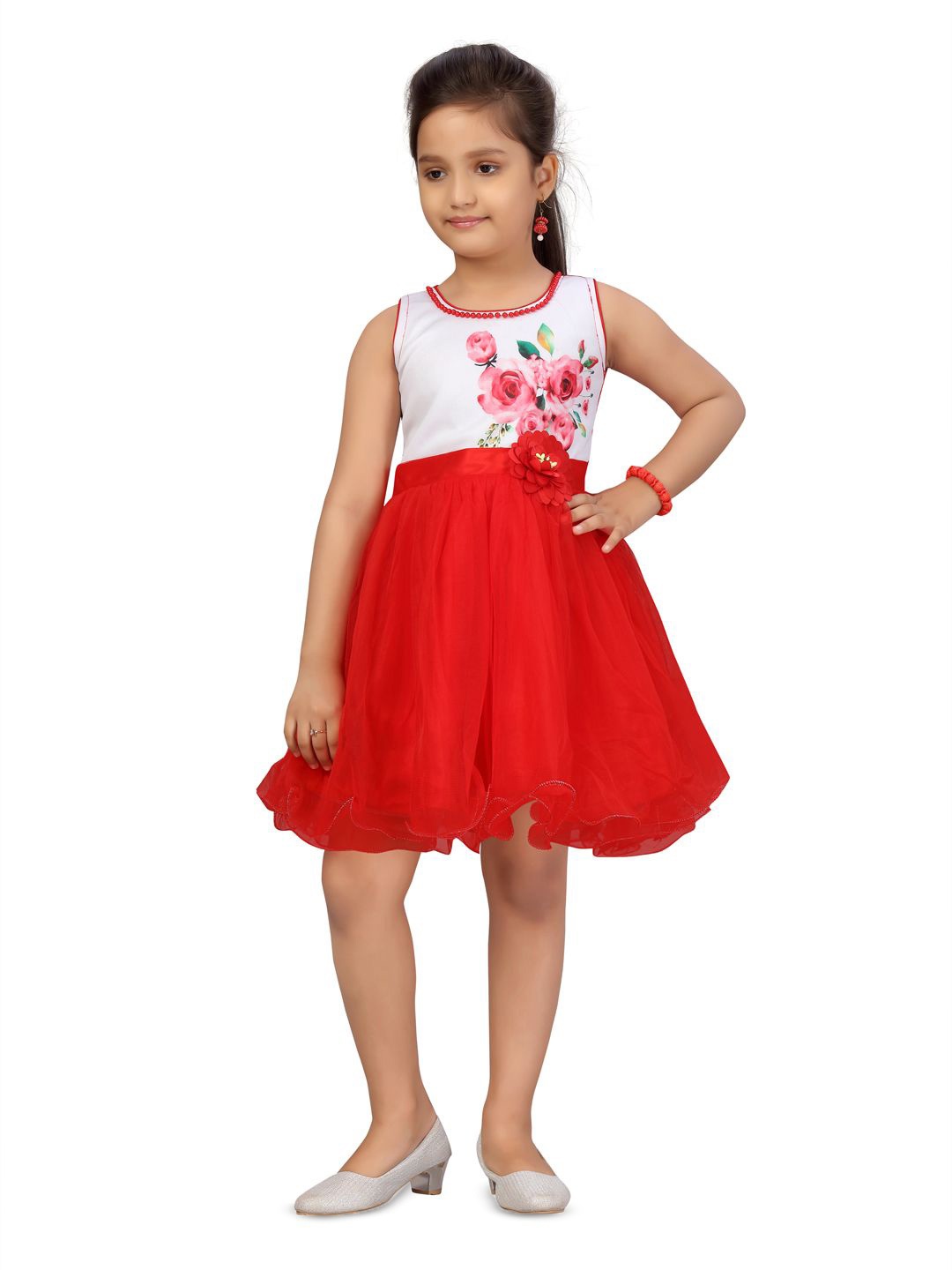 

BAESD Girls Floral Printed Net Fit & Flare Dress, Red