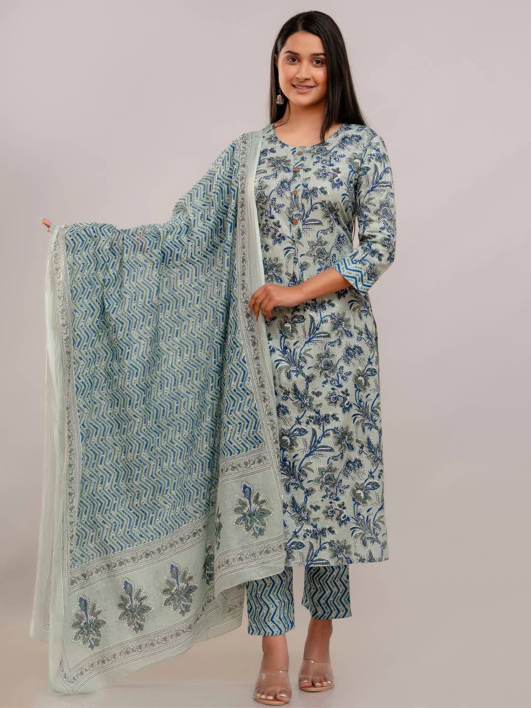

GORDHAN Floral Printed Pure Cotton Straight Kurta with Trousers & Dupatta, Green