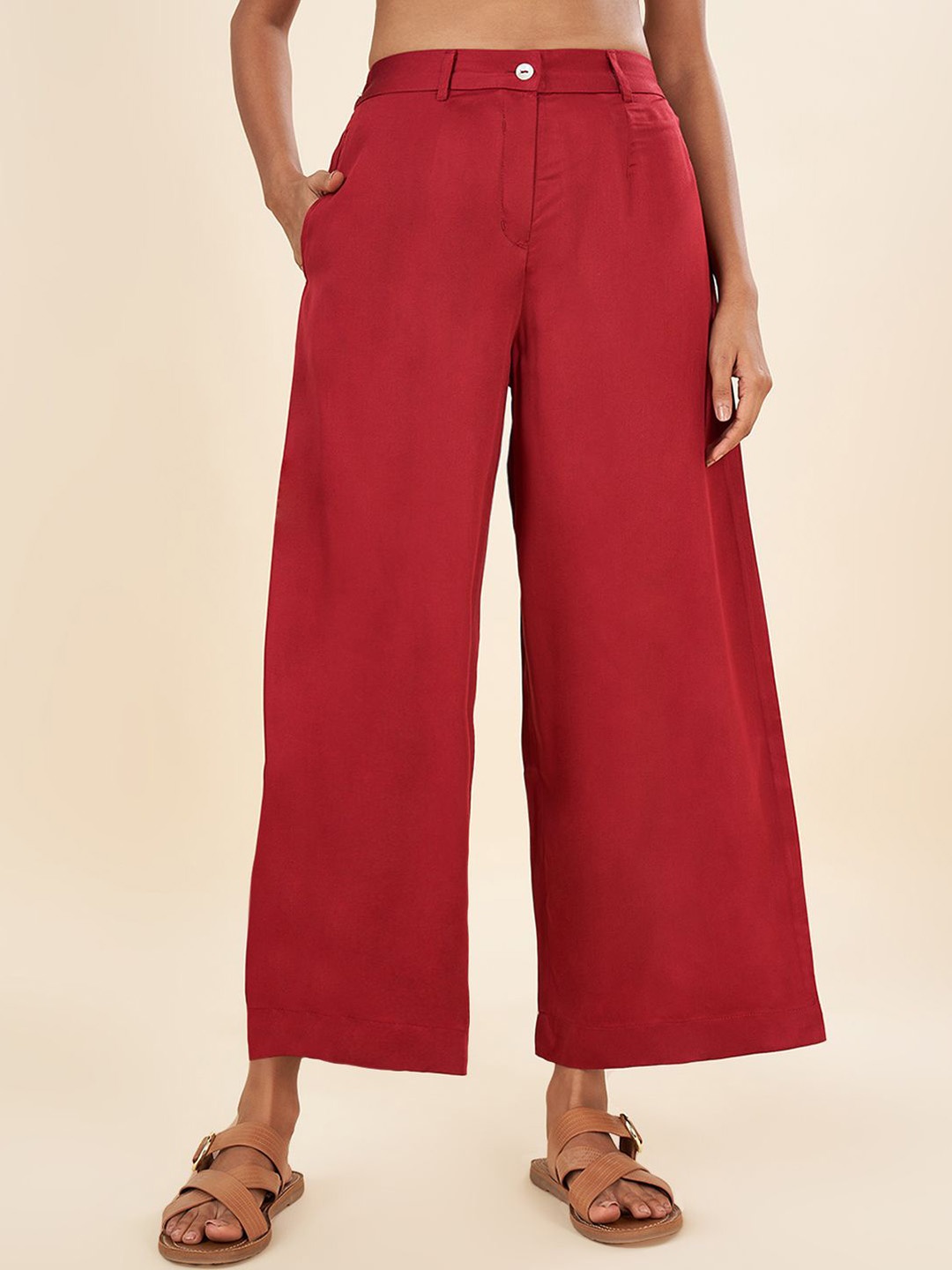 

AKKRITI BY PANTALOONS Women Mid-Rise Parallel Trousers, Red