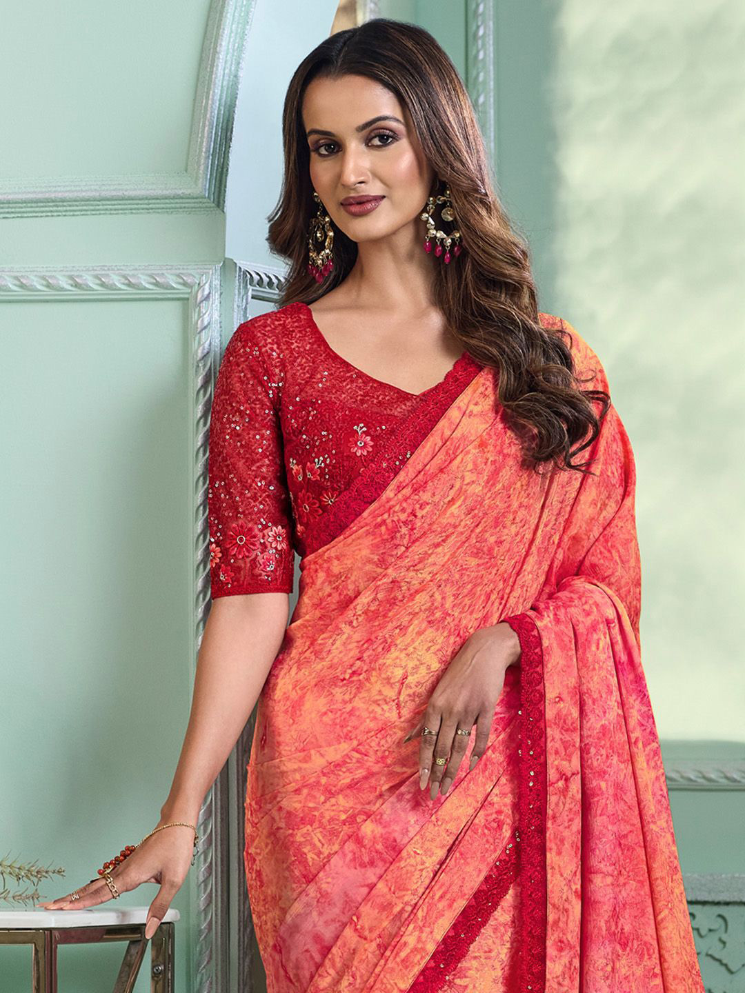 

Anouk Embroidered Poly Chiffon Designer Saree, Orange
