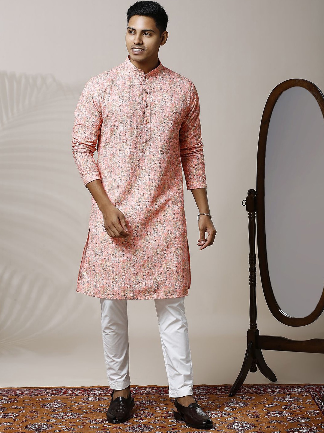 

Be Desi Abstract Printed Thread Work Mandarin Collar Straight Kurta with Pyjamas, Peach