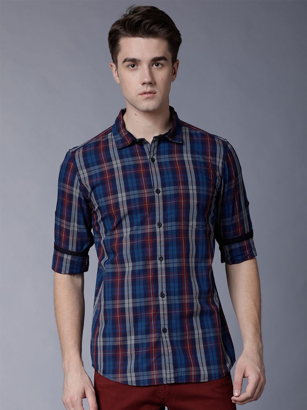 

HIGHLANDER Men Slim Fit Tartan Checks Opaque Checked Casual Shirt, Navy blue
