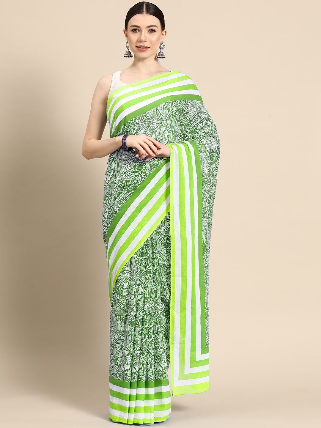 

BUTA BUTI Floral Pure Cotton Saree, Green