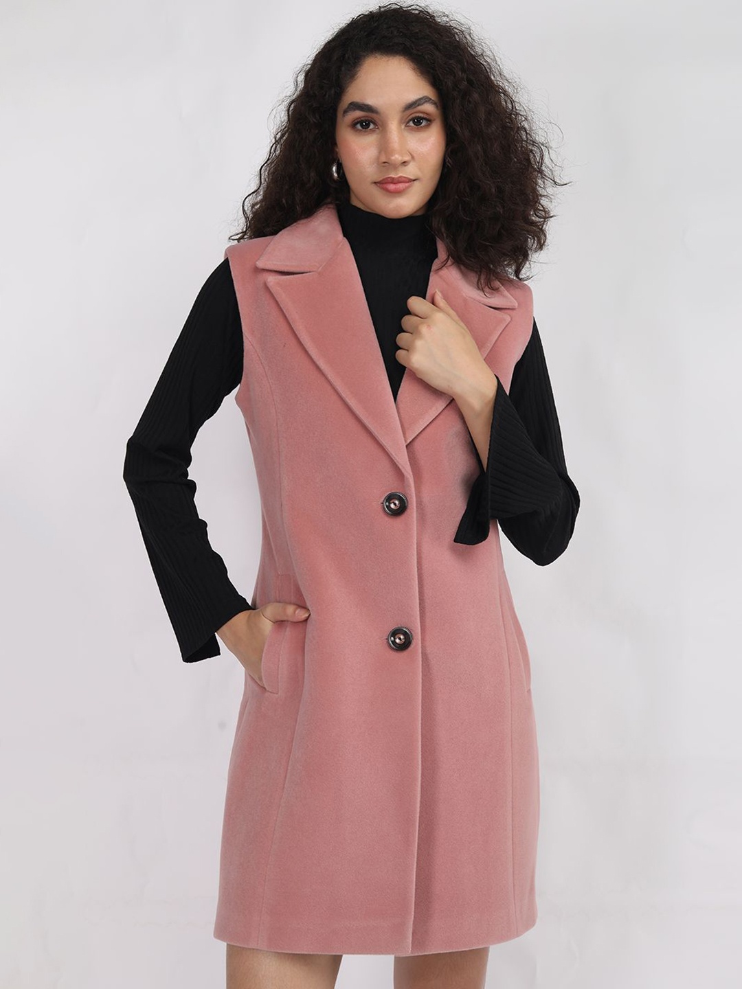 

Plagg Solid Single Breasted Longline Sleeveless Overcoat, Pink
