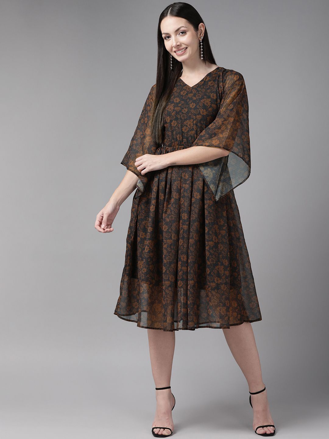 

BAESD Georgette Flared Sleeves Fit and Flare Dress, Brown