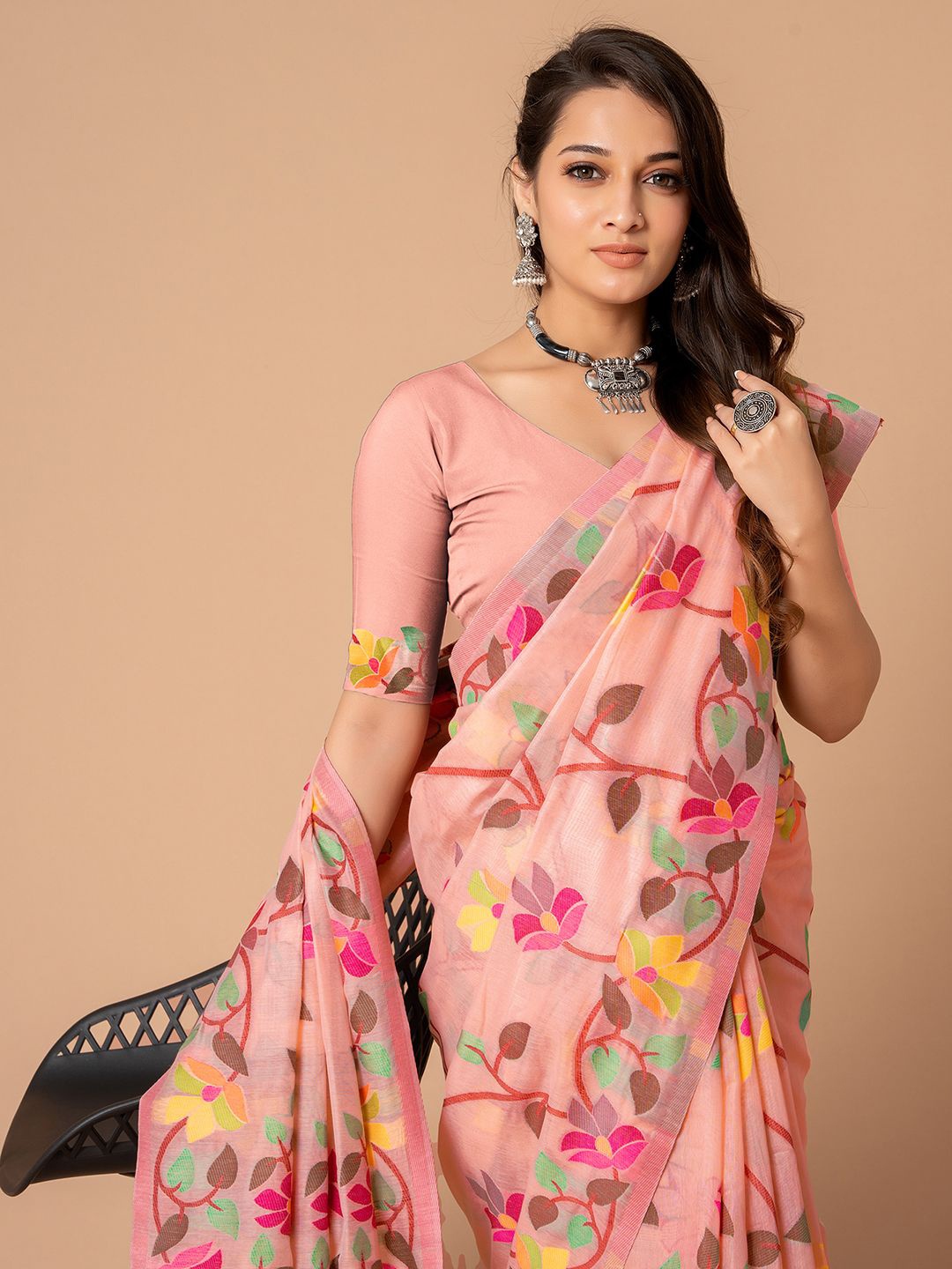 

Mitera Ethnic Motifs Pure Cotton Jamdani Saree, Pink