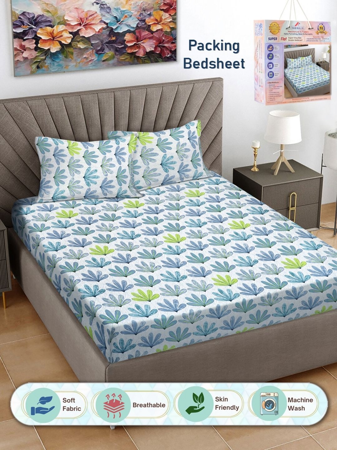 

FABINALIV White & Blue Floral 300 TC King Bedsheet With 2 Pillow Covers