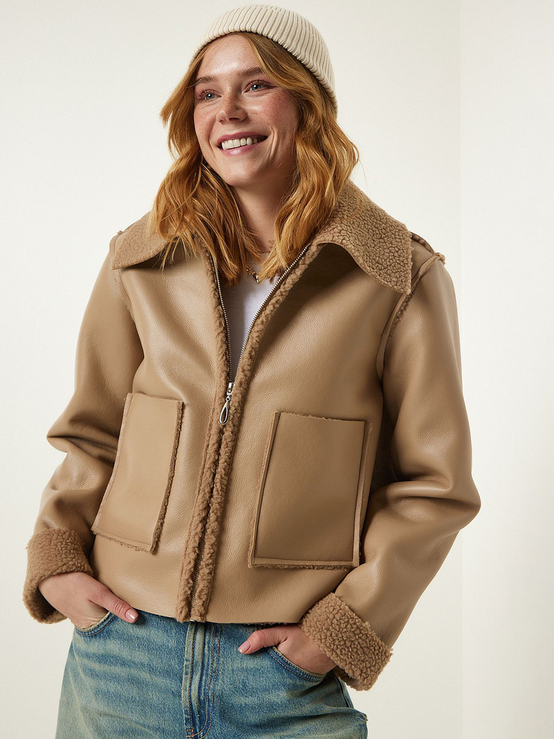

Happiness istanbul Women Crop Solid Leather Jacket, Beige
