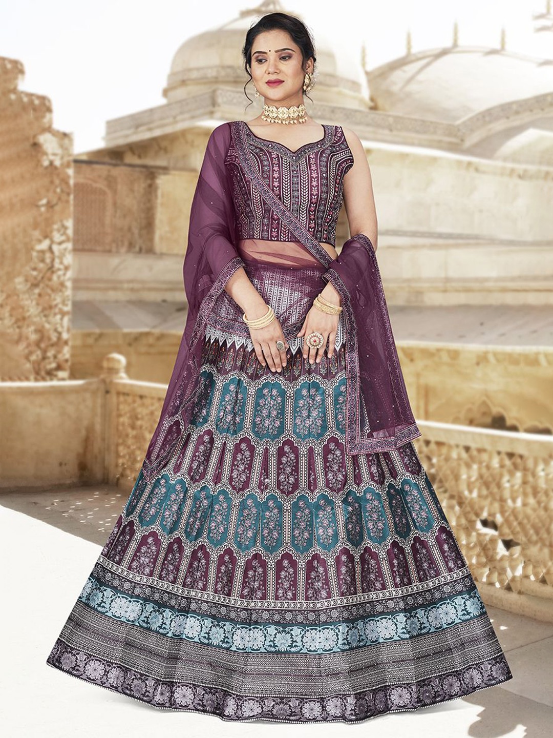 

EthnicTree Printed Beads and Stones Ready to Wear Lehenga & Blouse With Dupatta, Purple