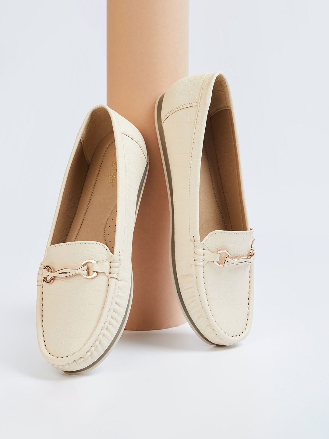 

Ginger by Lifestyle Women PU Slip-On Loafers With Buckles, Cream