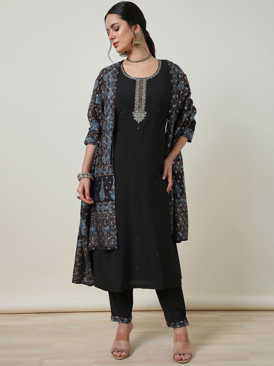 

Soch Women Ethnic Motifs Embroidered Regular Mirror Work Kurta with Trousers & With Dupatta, Black