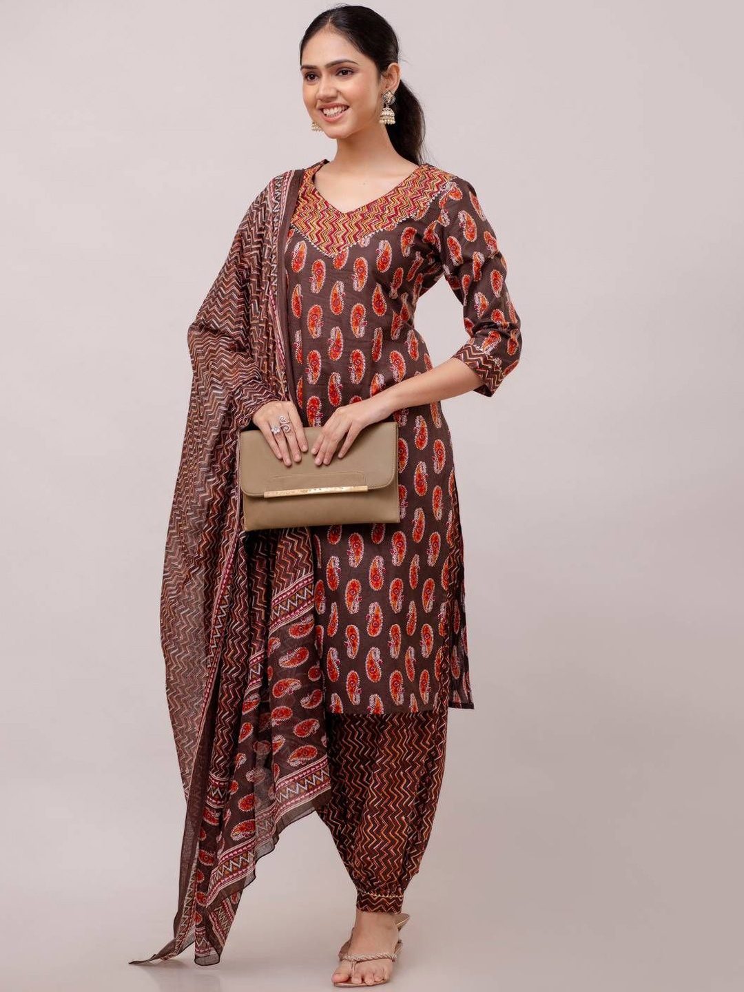 

GORDHAN Women Floral Printed Regular Thread Work Pure Cotton Kurta with Harem Pants & With Dupatta, Brown