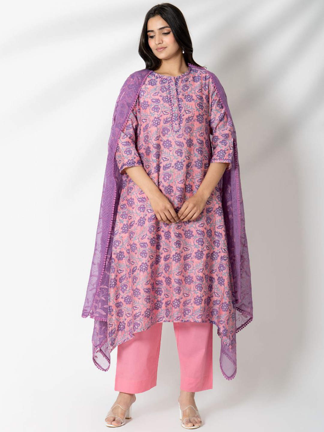

Kameez by Pooja Kejriwal Floral Printed Chanderi Silk A-Line Kurta With Trousers & Dupatta, Purple