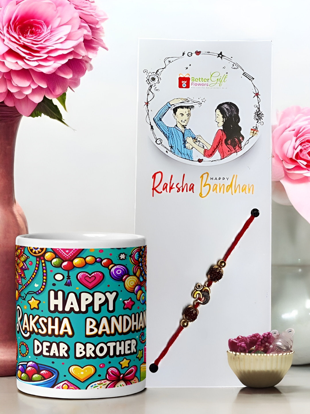 

bettergiftflowers Rakhi With Mug & Roli Chawal, Gold