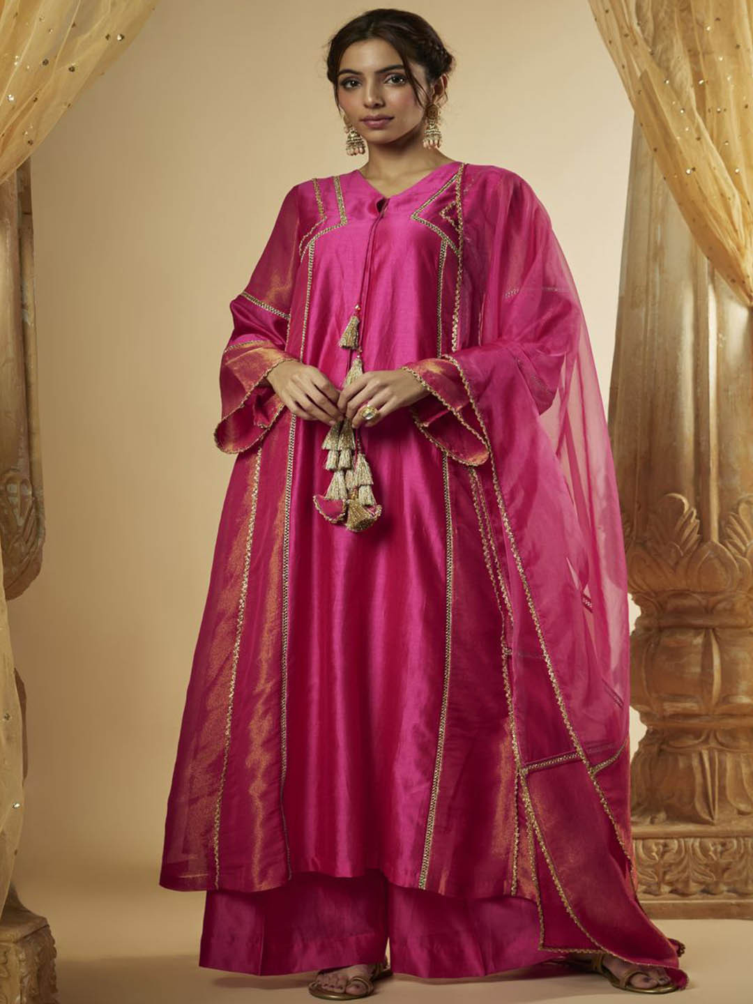 

The Aarya Embroidered Gotta Patti Chanderi Cotton A Line Kurta with Trousers & Dupatta, Pink