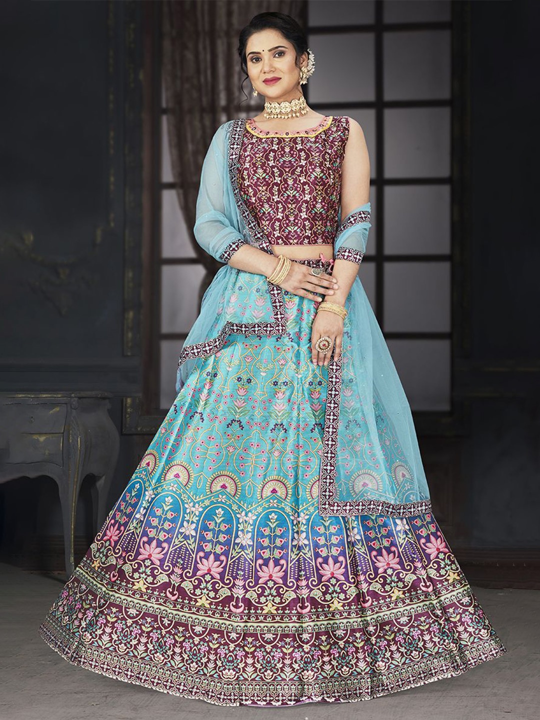 

EthnicTree Printed Beads and Stones Ready to Wear Lehenga & Blouse With Dupatta, Blue