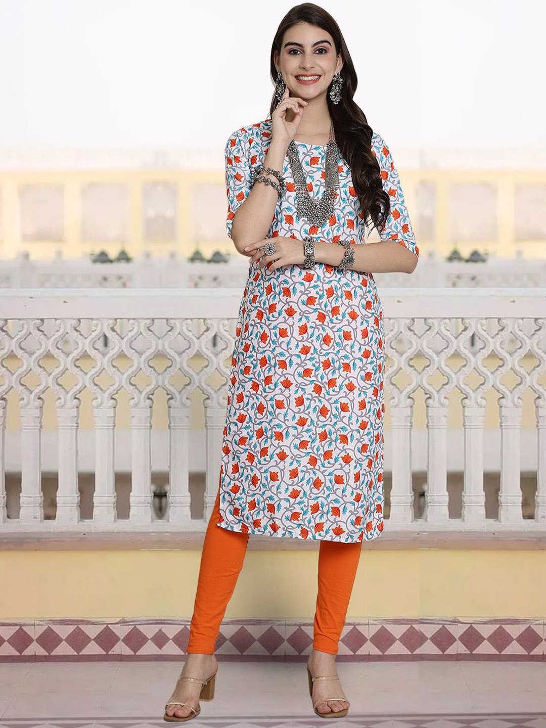 

7Threads Floral Printed Round Neck Straight Kurta, White